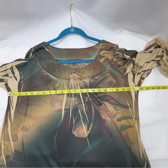 B.L.E.U. USA XL Elegant Floral Gold Stud Stretchy Women's Top Long Sleeve Shirt - Picture 12 of 15